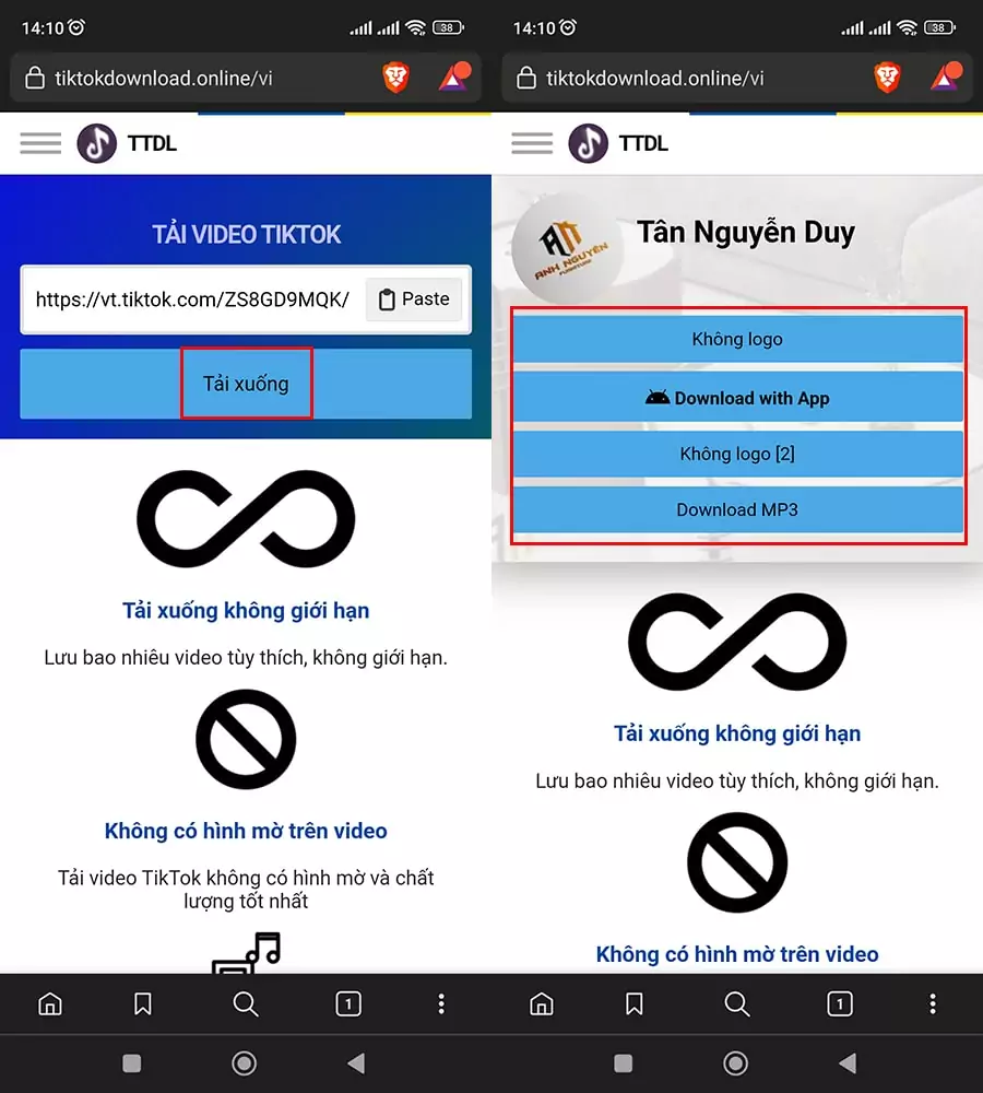 Truy cập TikTok Downloader, dán link video => chọn Tải xuống