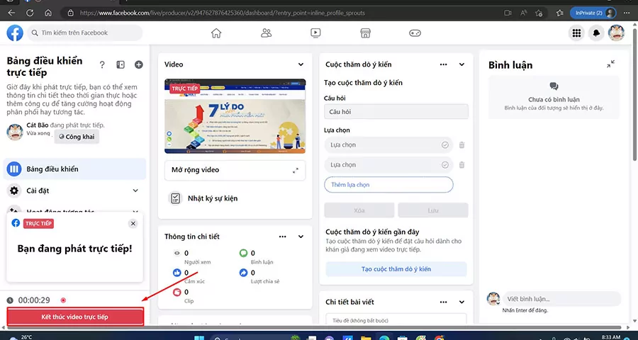 Chọn Kết thúc video trực tiếp để dừng Live