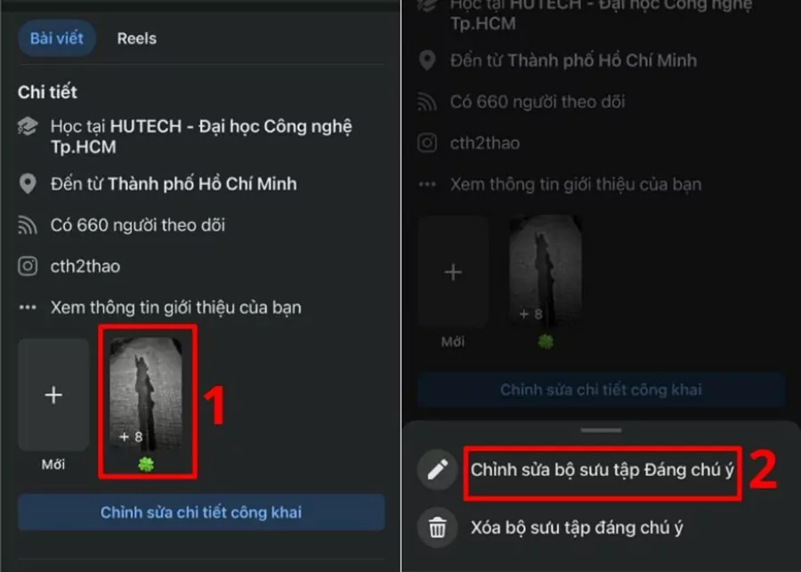 Nhấn và giữ story nổi bật => chọn Chỉnh sửa Bộ sưu tập Đáng chú ý