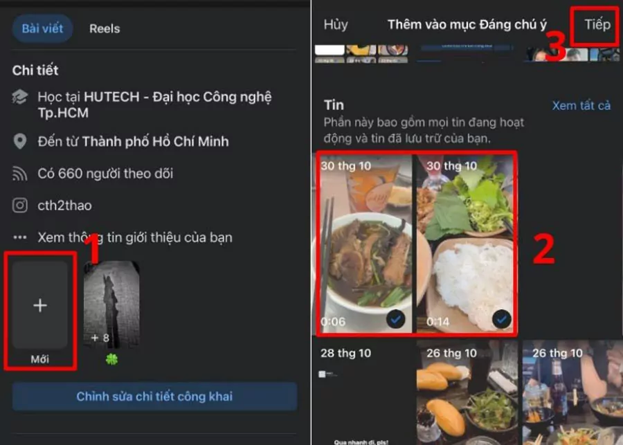 Nhấn vào biểu tượng dấu + tại mục Mới => chọn story cũ để thêm vào tin nổi bật