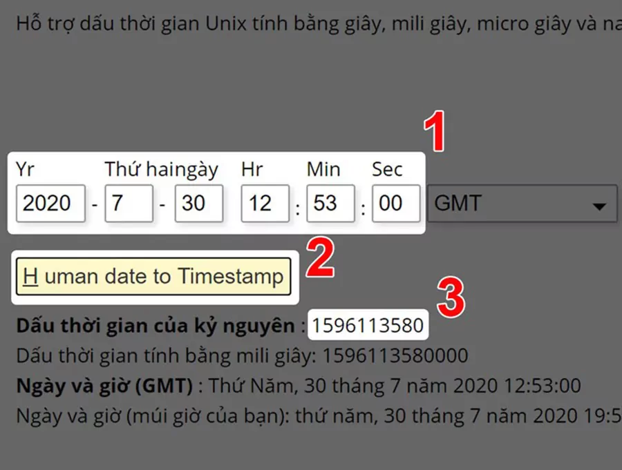 Sao chép dãy số tại mục Dấu thời gian của kỷ nguyên