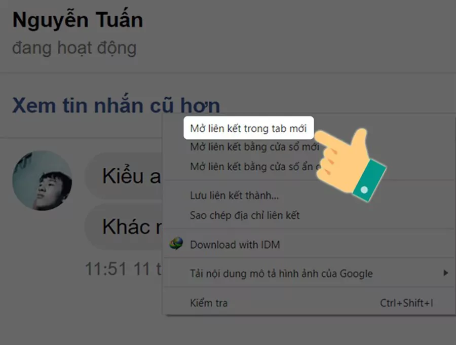 Click chuột phải vào Xem tin nhắn cũ hơn => chọn Mở liên kết trong tab mới