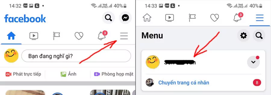 Mở ứng dụng Facebook => nhấn vào Menu => chọn Trang cá nhân của bạn