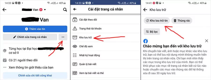 Nhấn vào biểu tượng Tùy chọn => chọn Kho lưu trữ => Kho lưu trữ tin