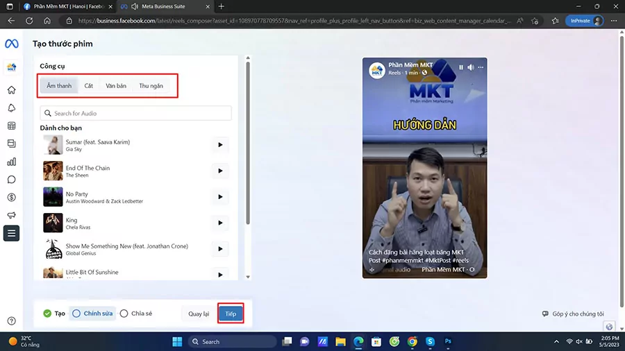 Chỉnh sủa video, chèn nhạc nền => chọn Tiếp