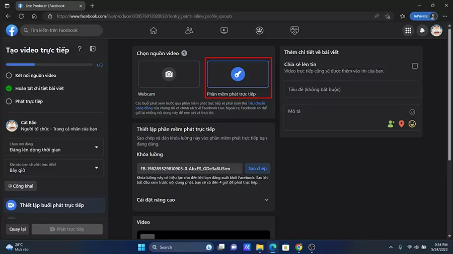 Chọn Phần mềm phát trực tiếp làm nguồn phát video