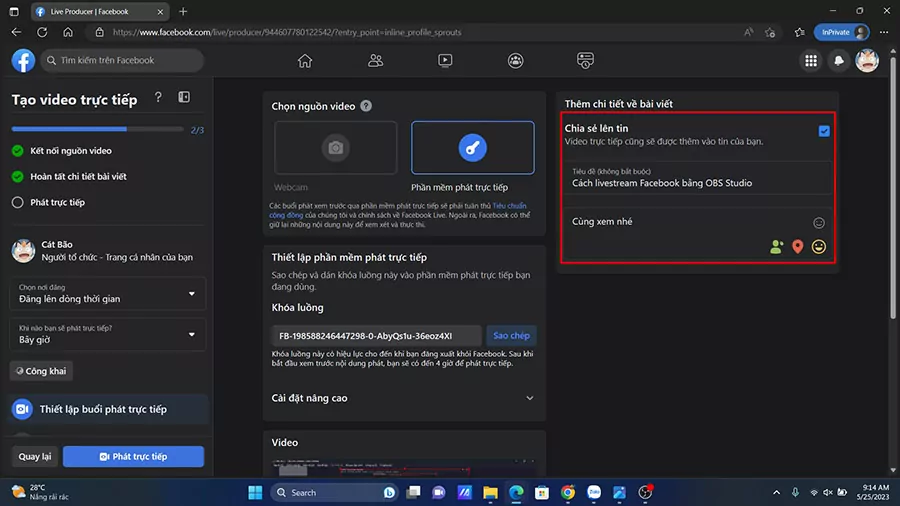 Nhập tiêu đề và mô tả cho video trực tiếp