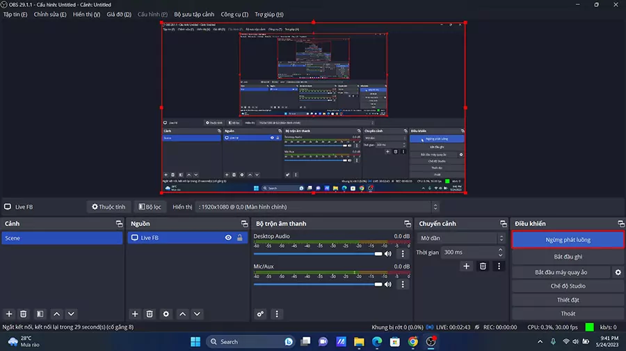 Chọn Ngừng phát luồng trên OBS Studio