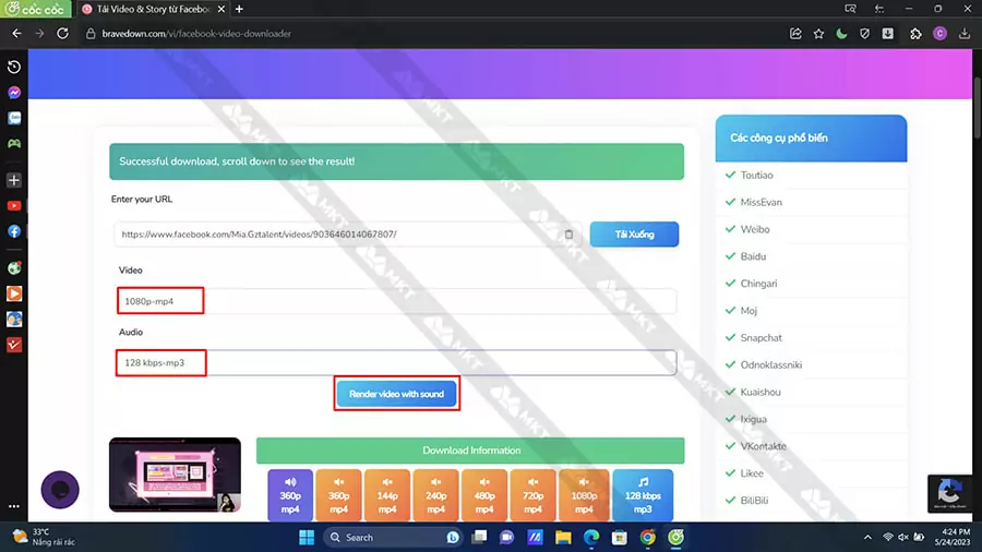 Chọn chất lượng video và audio => chọn Render video with sound
