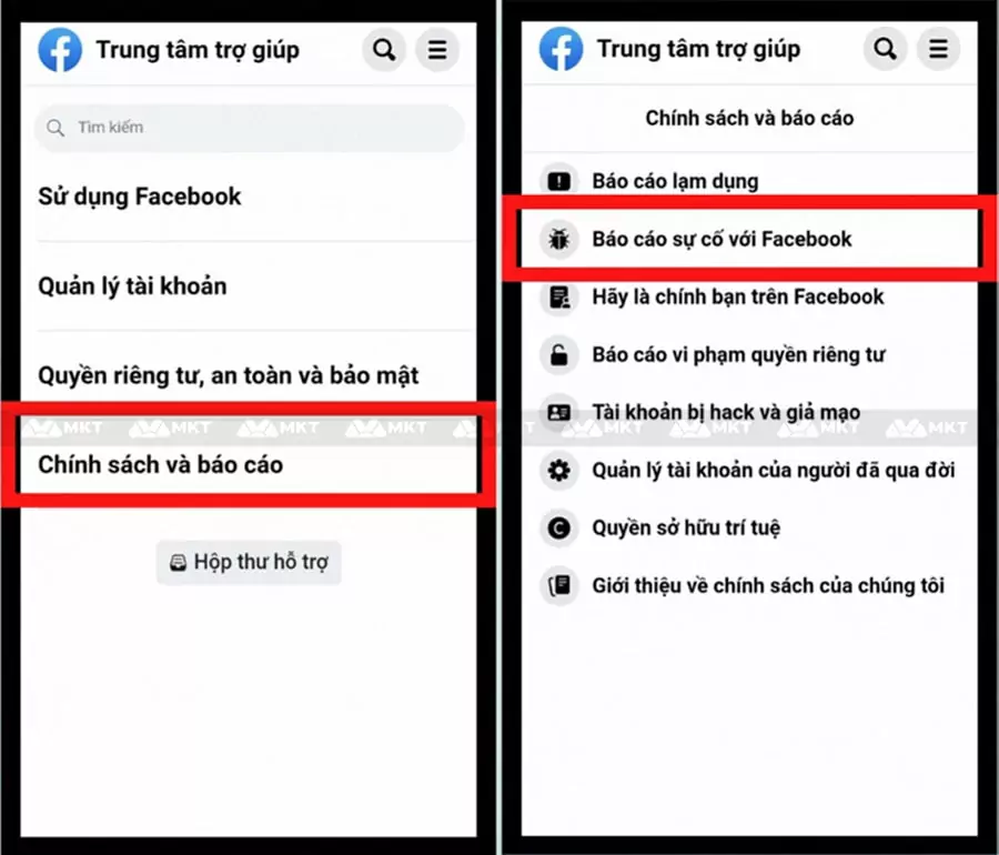Chọn Chính sách và báo cáo => Báo cáo sự cố với Facebook