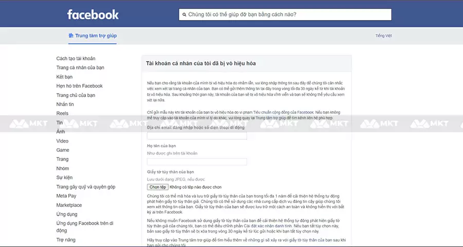 Giao diện trang Trung tâm trợ giúp của Facebook