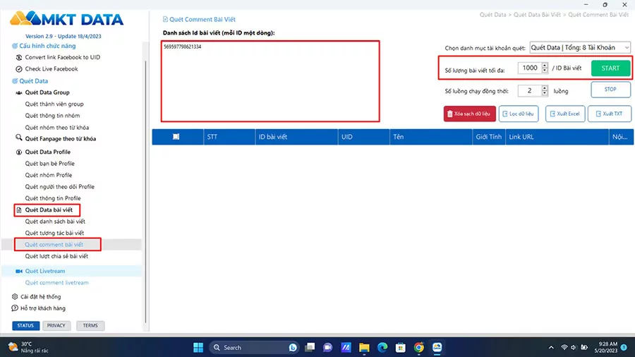 Tiến hành quét comment bài viết
