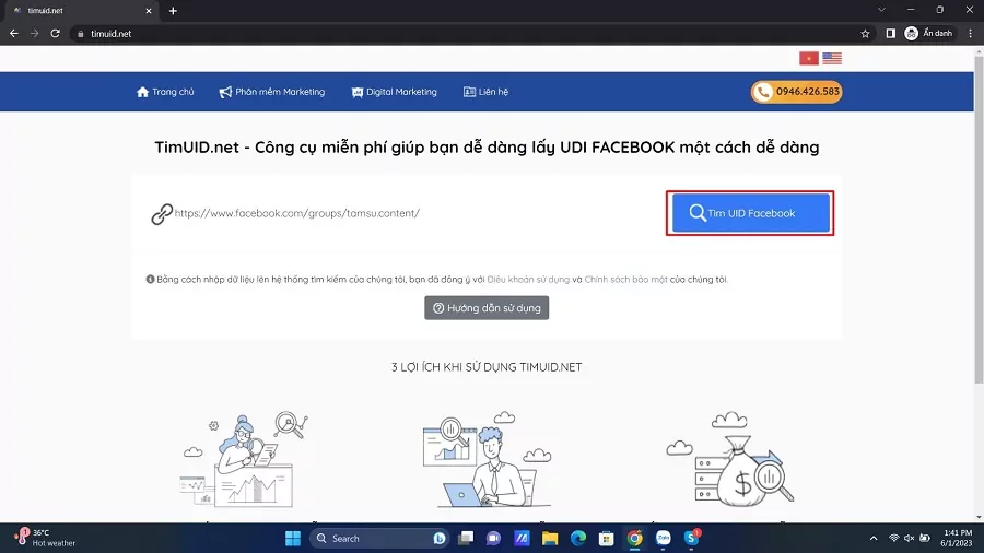 Dán URL group Facebook vào ô và nhấn Tìm UID Facebook