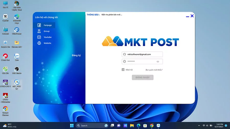 Đăng nhập vào phần mềm MKT Post