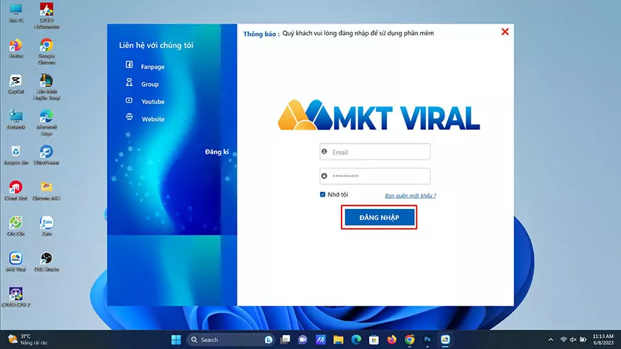 Đăng nhập nhập ứng dụng MKT Viral