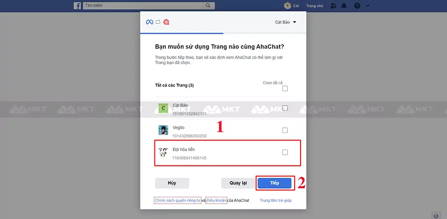 Chọn Fanpage muốn tích hợp với AhaChat