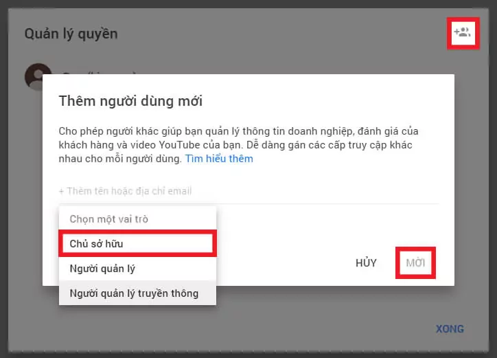Cấp quyền sở hữu kênh YouTube cho tài khoản Gmail mới