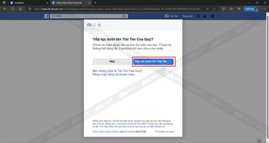 Nhấn vào Tiếp tục với tên "FB của bạn"
