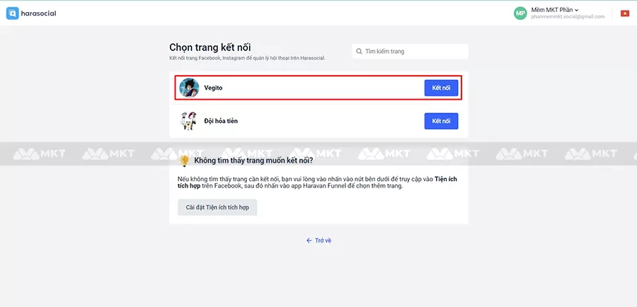 Chọn Fanpage => Chọn Kết nối