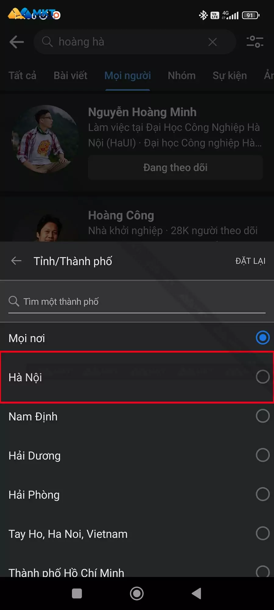 Chọn tỉnh/thành phố hoặc khu vực mà bạn muốn tìm