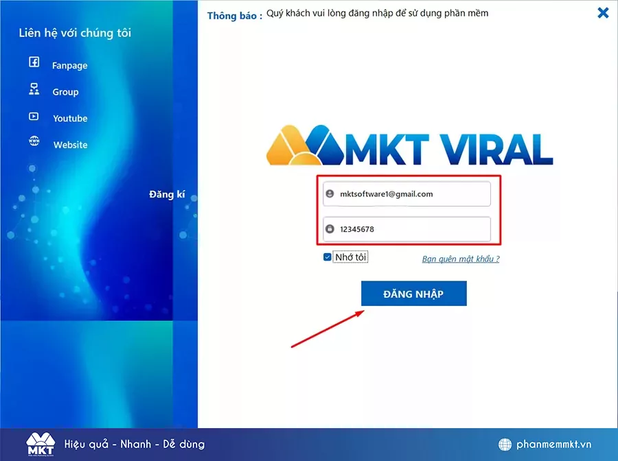 Đăng nhập phần mềm MKT Viral