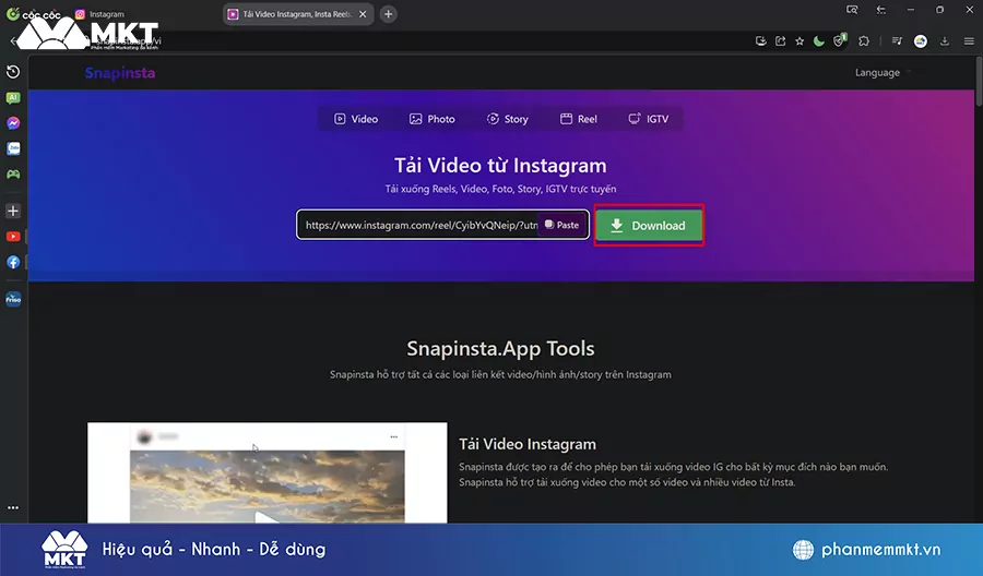 Dán link video vào Snapinsta.App và nhấn Download