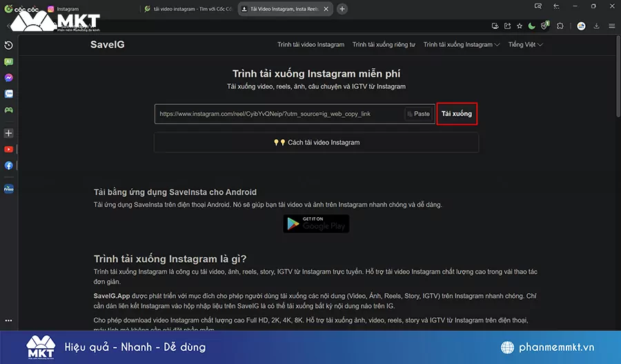 Dán URL video vào SaveIG và nhấn Tải xuống