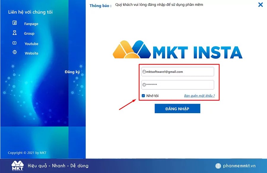 Đăng nhập vào phần mềm MKT Insta